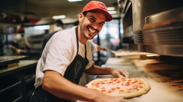 Photo male chef makes pizza in a restaurant.