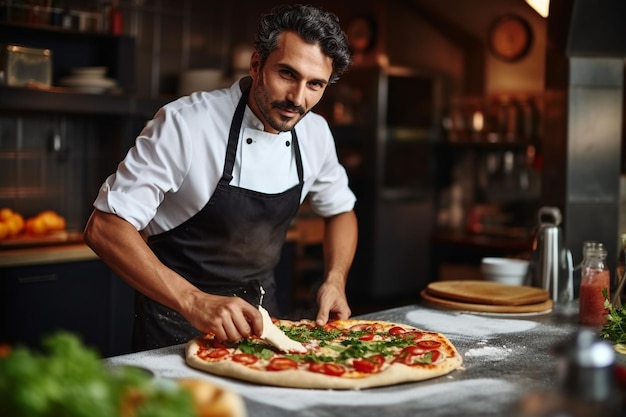 A Male chef makes pizza in a restaurant