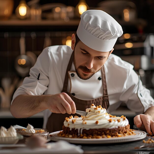 ケーキを作る男性シェフ