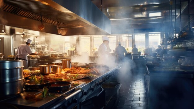 Male chef plating food in plate or preparing cooking food in kitchen at restaurant