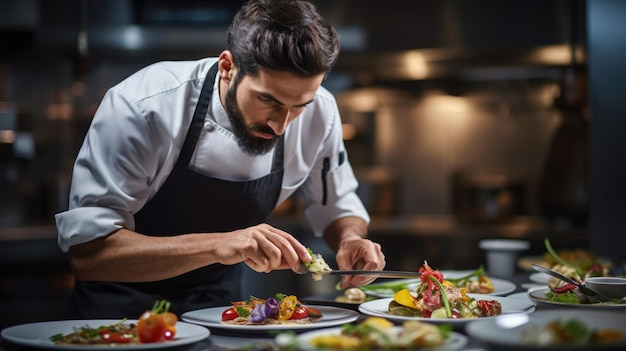 Male chef plating food in plate or preparing cooking food in kitchen at restaurant