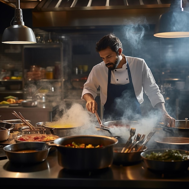 Male chef plating food in plate while working in commercial kitchen