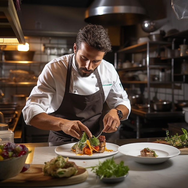 Male chef plating food in plate while working in commercial kitchen