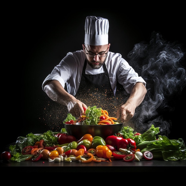 Foto cuoco unico maschio che placca il cibo nel piatto mentre lavora nella cucina commerciale