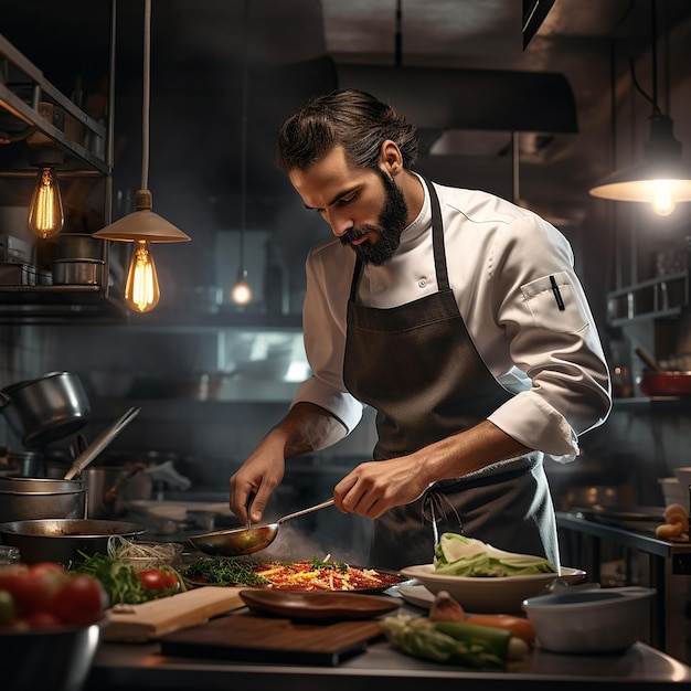 Male chef plating food in plate while working in commercial kitchen