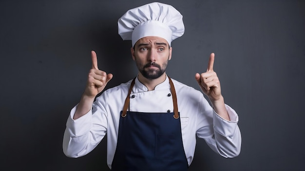 Male chef pointing up fingers in uniform apron and looking gloomy front view