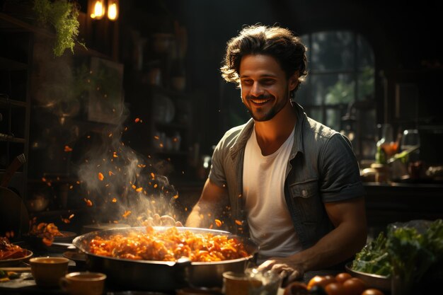 Male chef prepares a delicious healthy dish