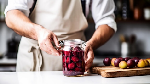 A male chef prepares a plum dessert on a table in the kitchen Male hands on the background