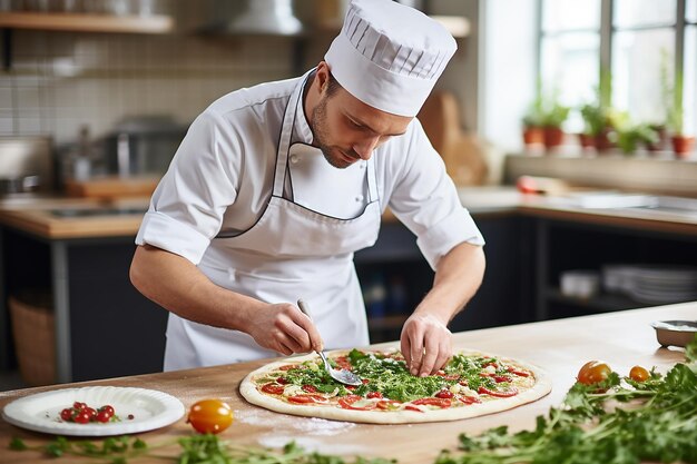 Foto cuoco che prepara la pizza in un ristorante