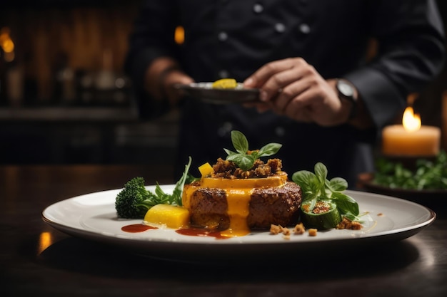 Male chef serves expensive food beautifully on a plate delicious restaurant food menu