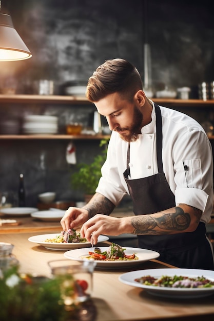 남자 요리사 는 식당 에서 일 하는  접시 에 음식 을 제공 한다