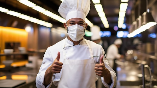 Male chef in uniform apron and hat showing mask and thumbs up and looking careful