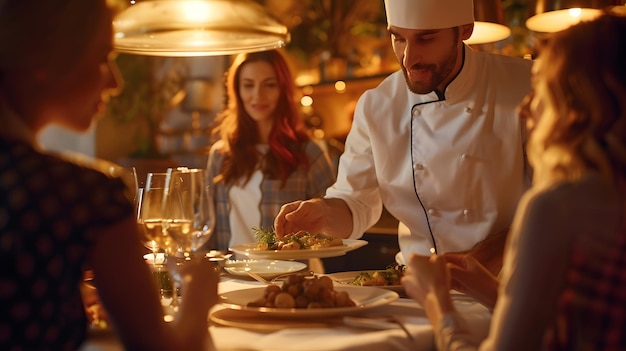 Photo a male chef in uniform is serving a private elegant dinner to a group of people focu generative ai