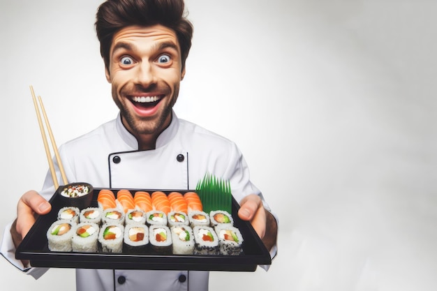 Photo male chef with a set of sushi smiles on solid white background ai generative
