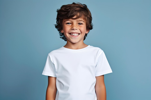 青色の背景にベラ キャンバスの白いシャツのモックアップを着ている男性子供男の子デザイン t シャツ テンプレート印刷プレゼンテーション モックアップ AI 生成
