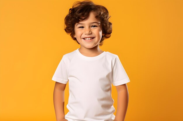 Male child boy wearing bella canvas white shirt mockup at yellow background Design tshirt template print presentation mockup AI generated