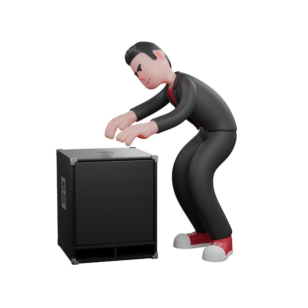 male choreographer crouches in front of a loudspeaker with both hands forward as if wants to lift it