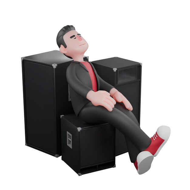 a male choreographer sitting on speaker with his body leaning on big speaker with calm expression