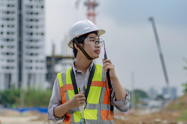 Male civil engineer inspects housing estate at construction site