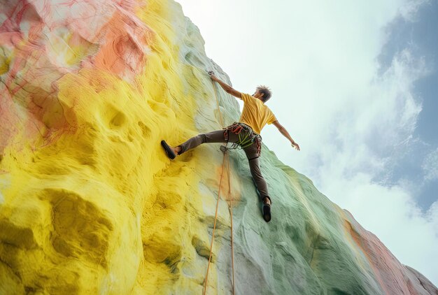 Foto uno scalatore maschio che si arrampica su una scogliera in una montagna in stile giallo e viola