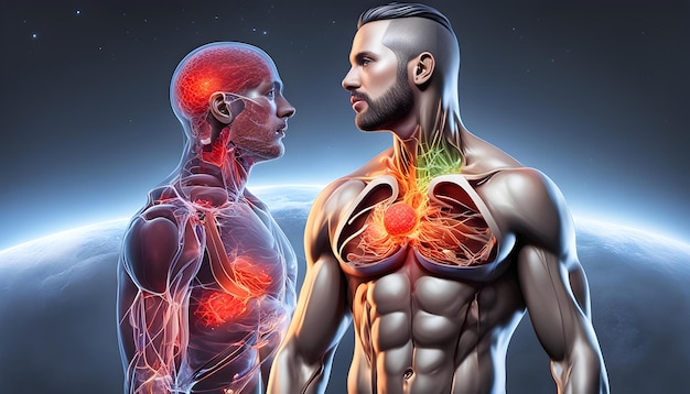 Male clinical figure with sore throat and infection cells