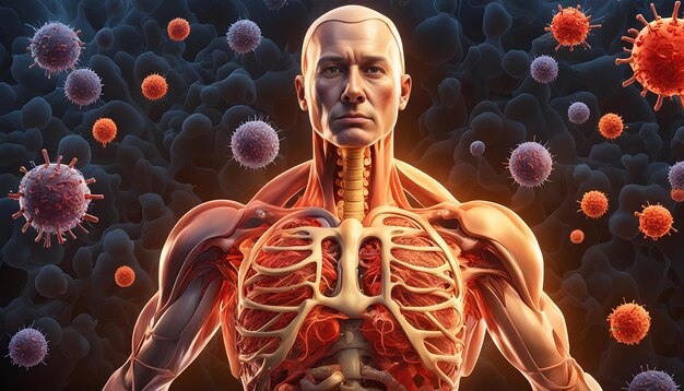 Male clinical figure with sore throat and infection cells