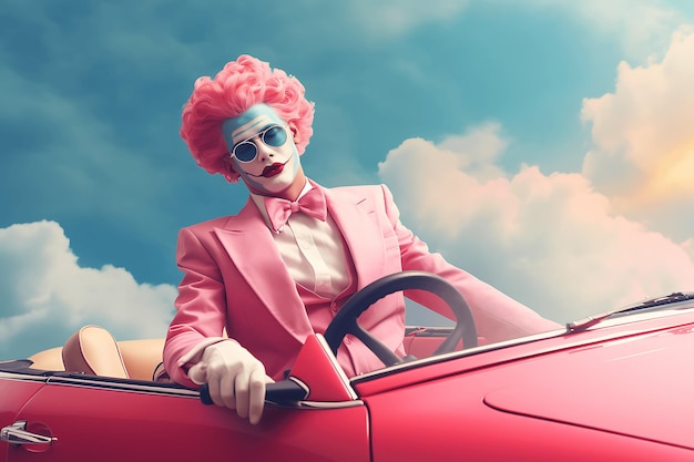 a male clown drives a cute car