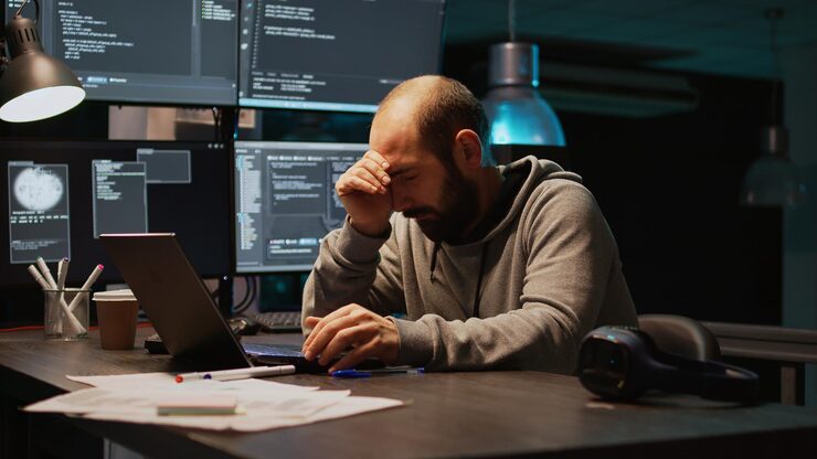 Photo male coder feeling sleepy and working on programming code, typing database information and html script on laptop. adult falling asleep at office, being exhausted using terminal window. handheld shot.