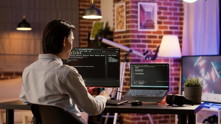 Photo male coder programming server encryption on firewall software, using security network to code system data for development. working with text information to script program. .