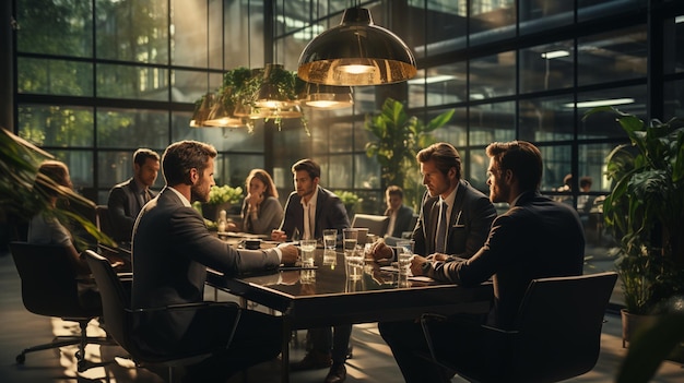 Male colleagues discussing in meeting at modern office