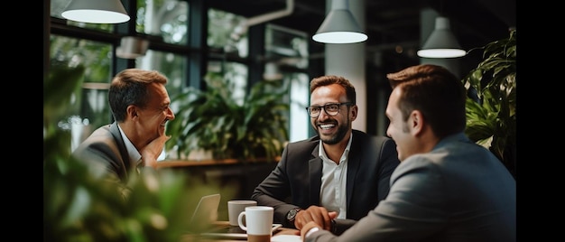 Photo male colleagues laugh and talk sitting at studio table