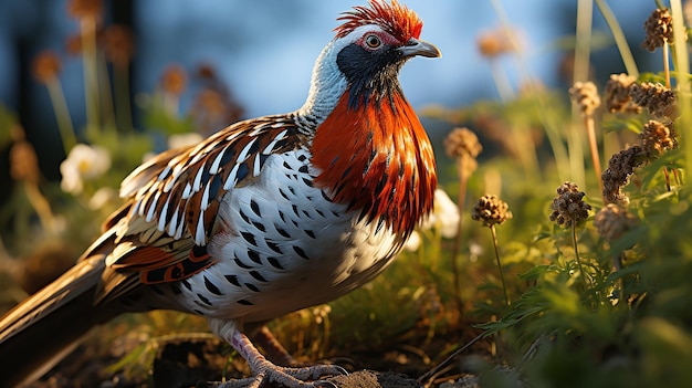 Photo male common pheasant walking on the green meadow natural beauty