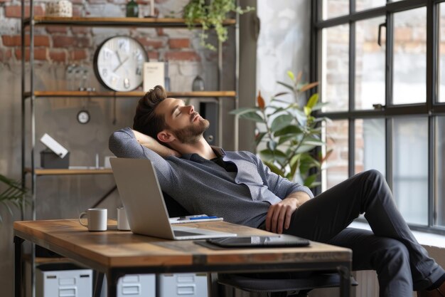 Male company employee naps on his desk during break