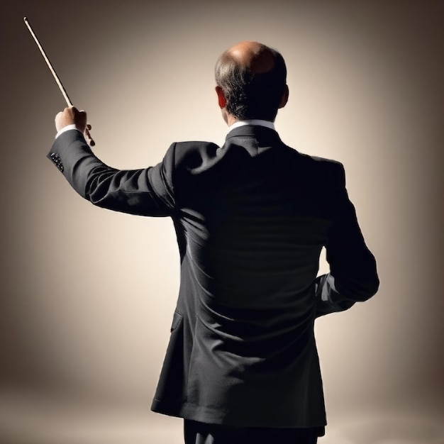 Male conductor of the orchestra with his back turned and with a baton