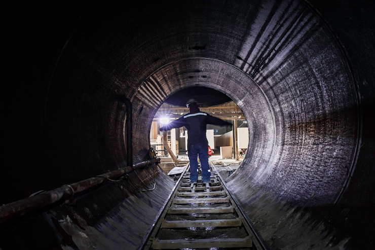 Photo male confined underground tunnel of heating duct with rusty tubes and rail