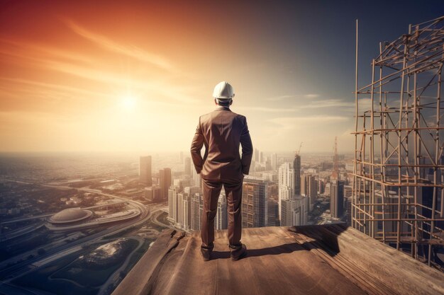 A male construction manager standing confidently at a site overseeing a modern home development project