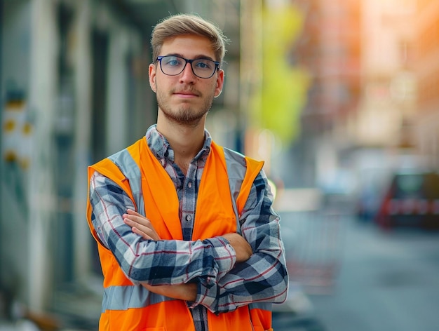 a male construction site manager wearing an orange vest with a blue and white checkered shirt