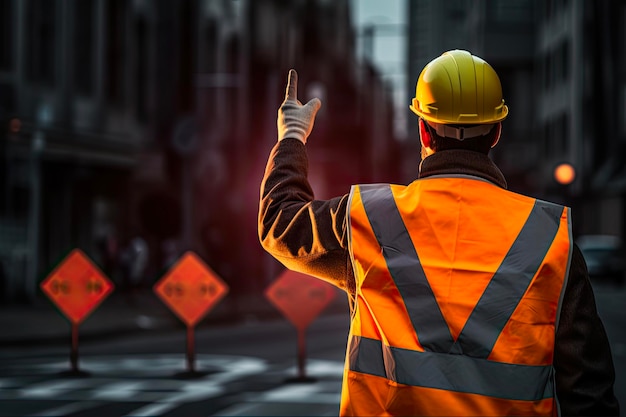 Male Construction Worker Directing Traffic with Reflective Stop Sign for Traffic Management at