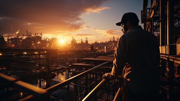 Male construction worker in orange vest uniform working at work on an industrial construction