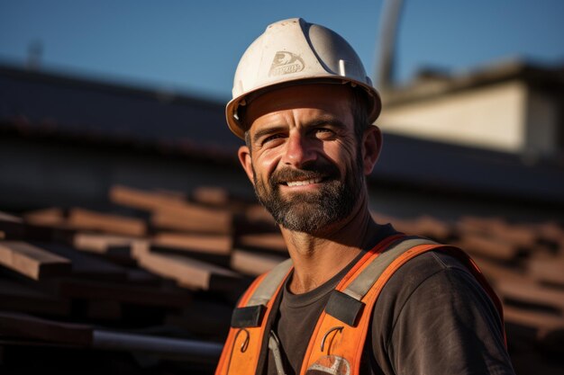 Foto uomo costruttore e piastrelle di tetto durante la costruzione