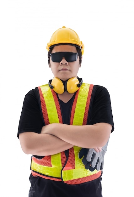 Photo male construction worker with standard construction safety equipment isolated