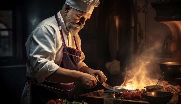 Male cook cooking meat in kitchen by fire