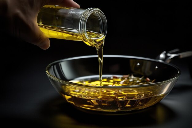 male cook pours sunflower oil from bottle into an empty frying pan standing on stove