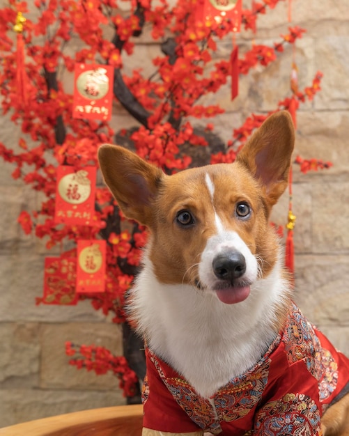 Photo a male corgi pembroke welsh photoshoot pet photography studio isolated with blue background christmas theme dress and decoration