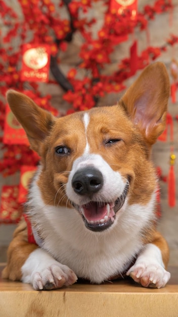 A male corgi pembroke welsh photoshoot pet photography studio isolated with blue background christmas theme dress and decoration