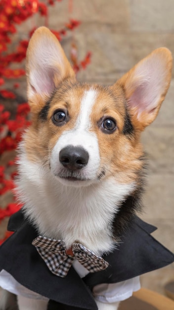 Photo a male corgi pembroke welsh photoshoot pet photography studio isolated with blue background christmas theme dress and decoration