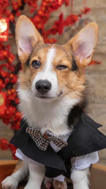 A male corgi pembroke welsh photoshoot pet photography studio isolated with blue background christmas theme dress and decoration