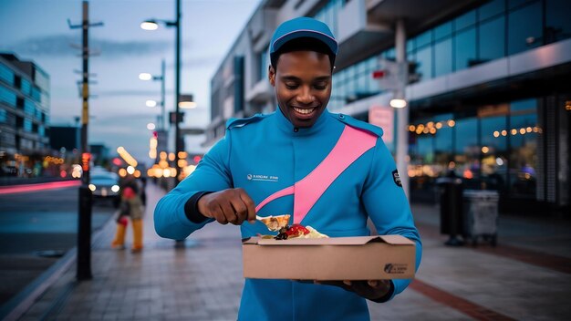 Male courier in blue uniform holding food box opening it and smiling on pink uniform service job d
