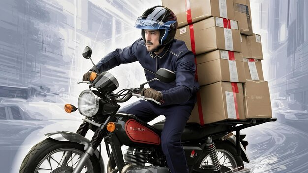 Male courier carries heavy parcel boxes drives slowly on motorbike wears protective helmet on head