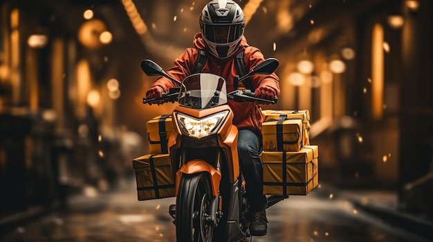 male courier in a helmet and on a motorcycle